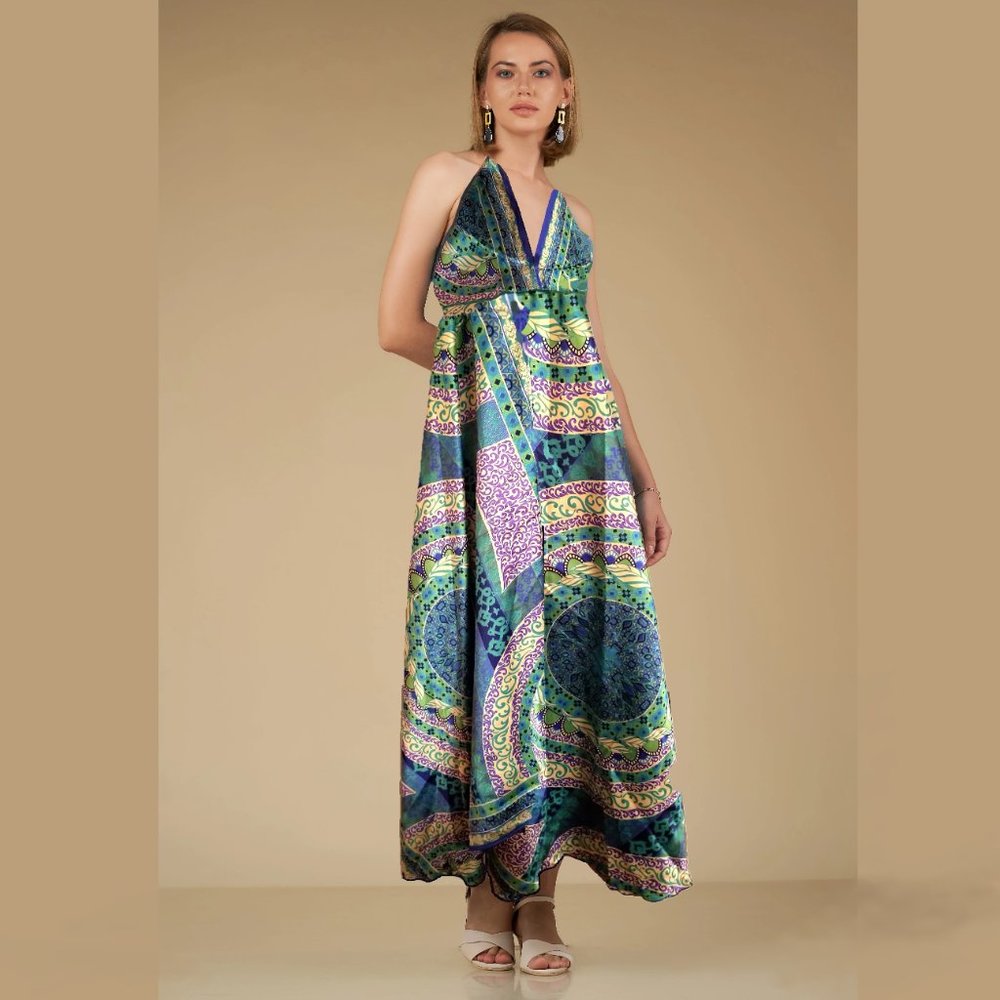CLASSIQUE Satin Strappy Maxi Dress One Size Blue Green Scarf Print
